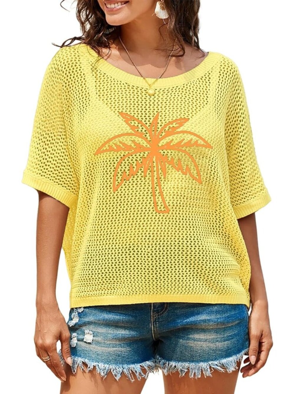 Women's Yellow Short Crochet Sweaters Cover Ups Lightweight Knit Pullover Tops